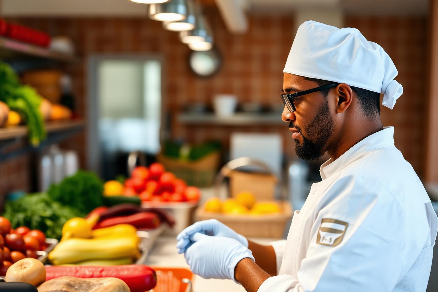 Consultor de inocuidad alimentaria inspeccionando producto fresco